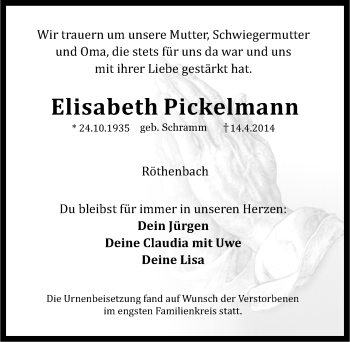 Traueranzeige von Elisabeth Pickelmann von Pegnitz-Zeitung